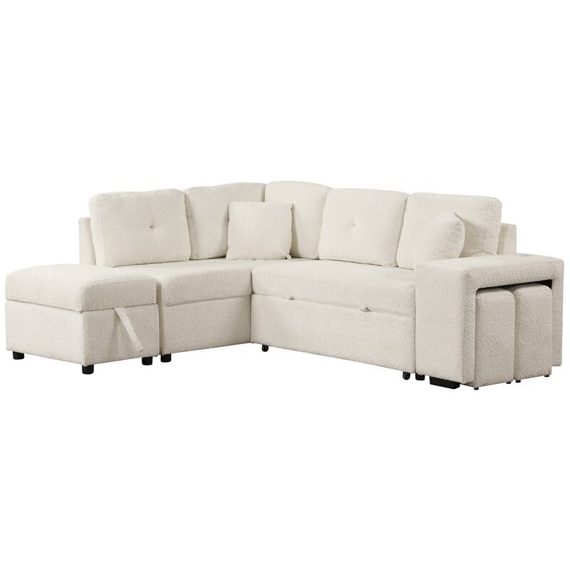 87.7" Chenille Sleeper Sectional Convertible Sofa Bed with Storage Ottoman, Wireless Charging and 2 Stools