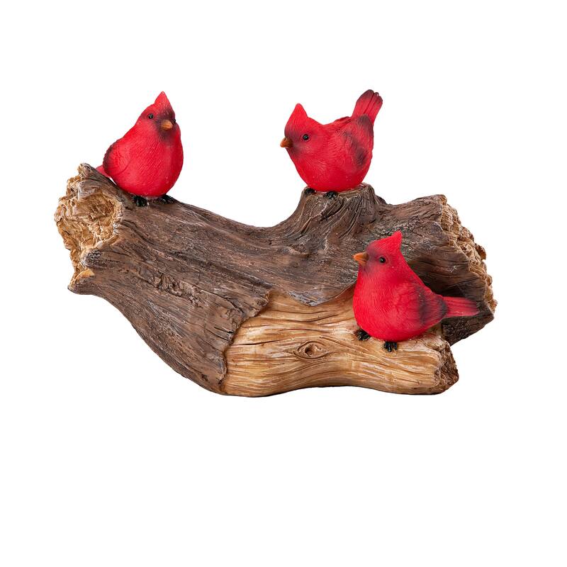 Solar Cardinal Family On Wooden Log Garden Statue