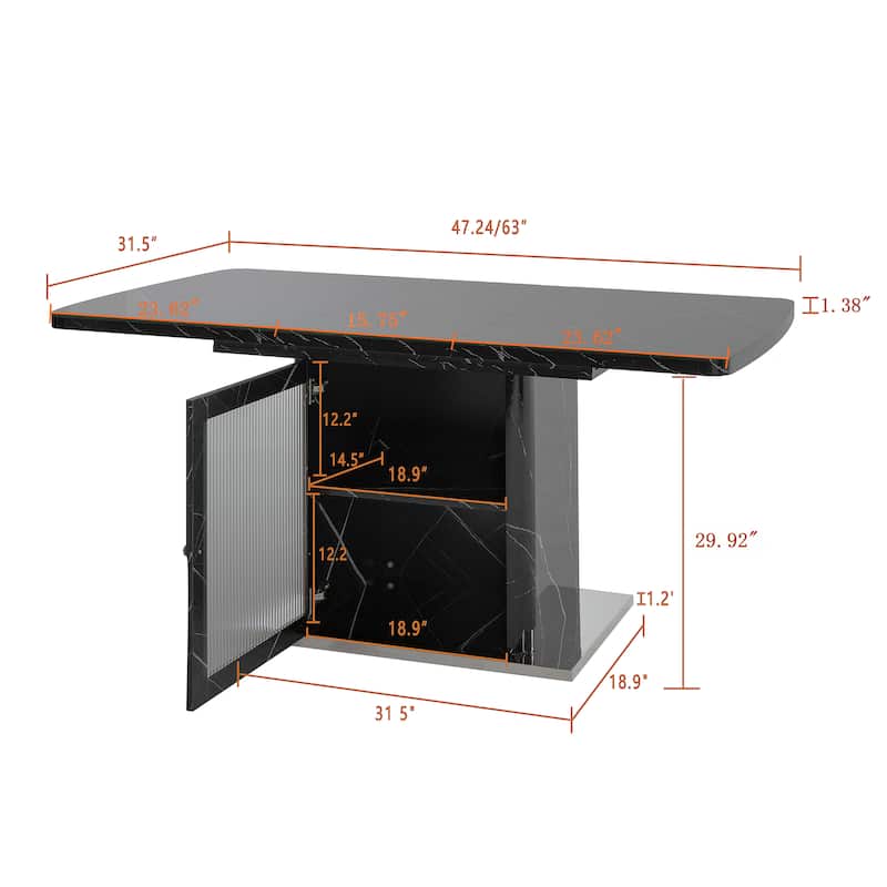47-63" Modern Extendable Dining Table with Marble Top, Storage Leg & Metal Base