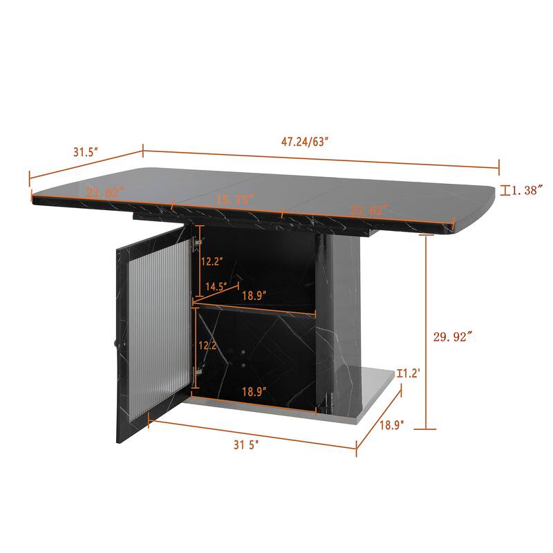 47.24"-63"Modern Rectangle Dining Table, Stretchable, with Printed Black Marble Table Top+Storage Cabinet Table Leg