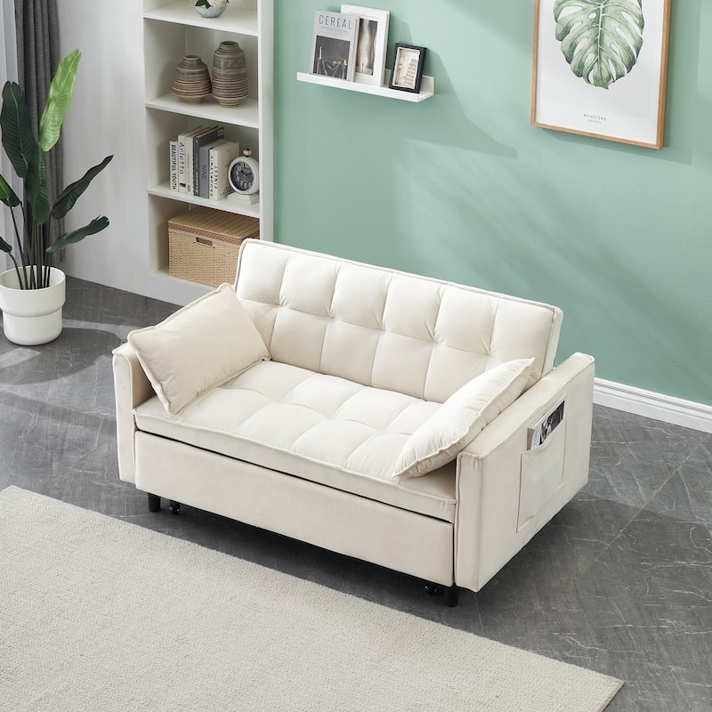 Modern velvet sofa, sofa pull-out bed, small love seat casual sofa with back, pockets, 3 in 1 convertible sleep sofa bed.