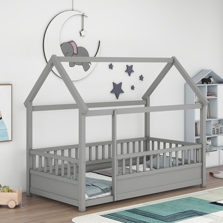 Twin Size Floor Bed Wooden House-shaped Bed Frame with Fence Guardrails & Roof, Twin Size Montessori Bed for Kids Boys Girls