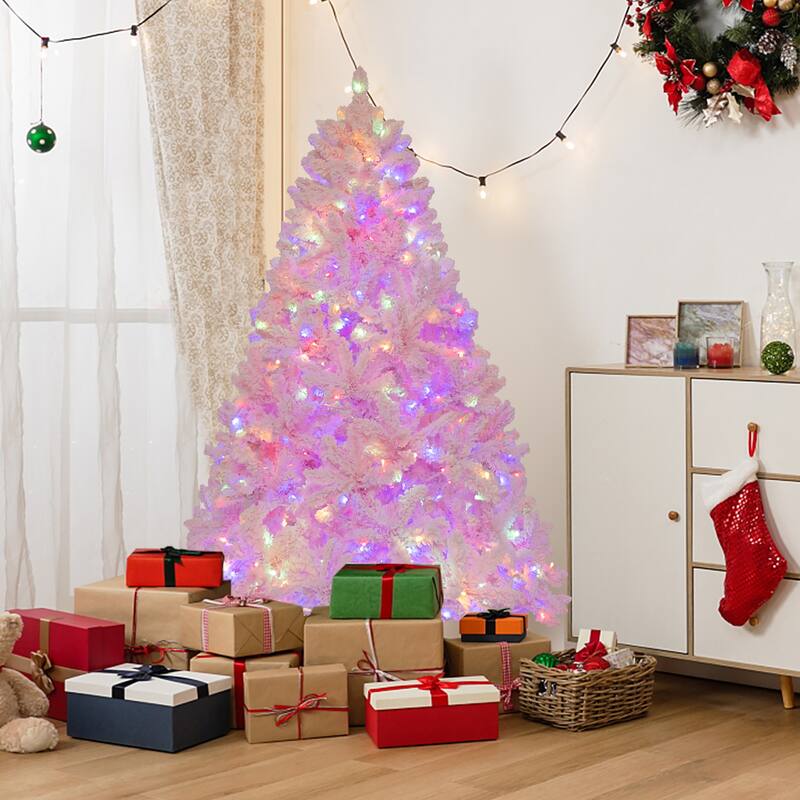 Gymax 6FT Pink Artificial Christmas Tree Pre-lit Hinged Snow Flocked