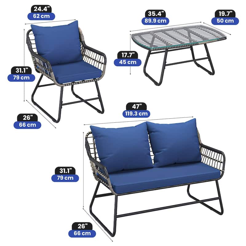 Moasis 4-Piece All-Weather Rattan Conversation Loveseat Chairs Wicker Outdoor Bistro Set