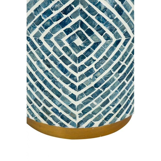 14x14x18" Round Accent Stool With Blue And White Capiz Design And Gold Pedestal Base