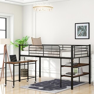 Twin Size Metal Loft Bed with 1 Rolling Desk and 2 Shelves, Black