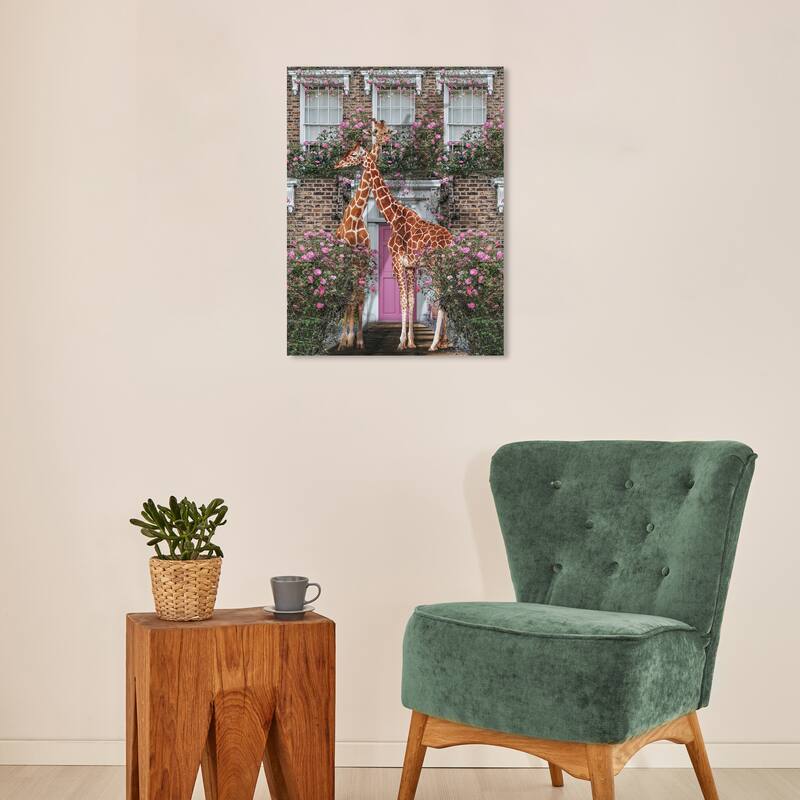 Wynwood Studio Canvas Animals Rose Garden Giraffes Pink and Modern & Contemporary Wall Art Canvas Print - Pink, Brown - 20 x 16