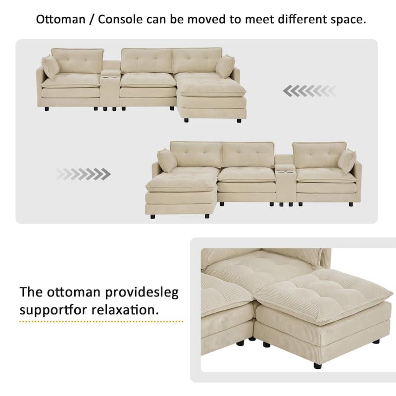 119.2" L-Shaped Corduroy Sectional Sofa with Console and Ottoman