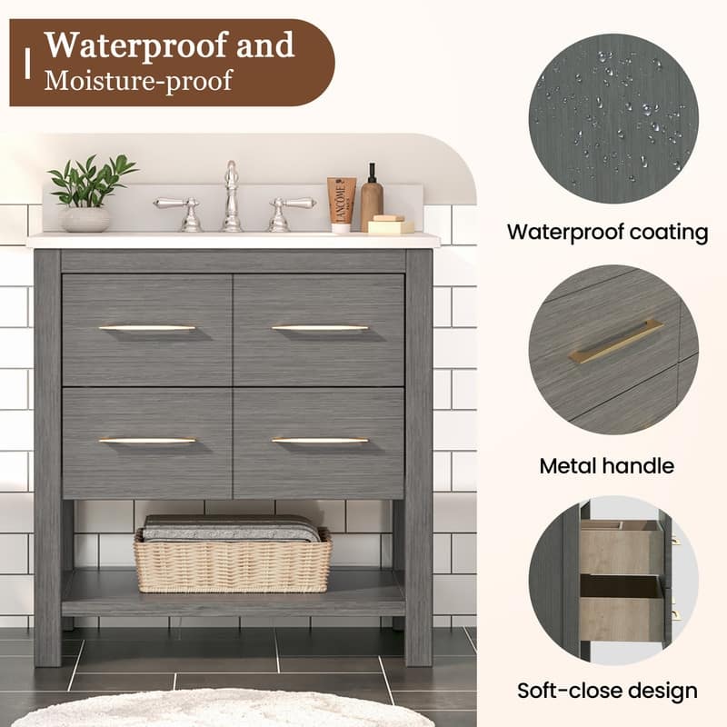 30-Inch Bathroom Vanity with Single Sink – Wood Grain Finish, Space-Saving