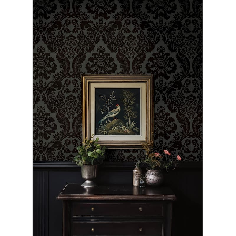 A-Street Prints Shadow Black Flocked Damask Wallpaper