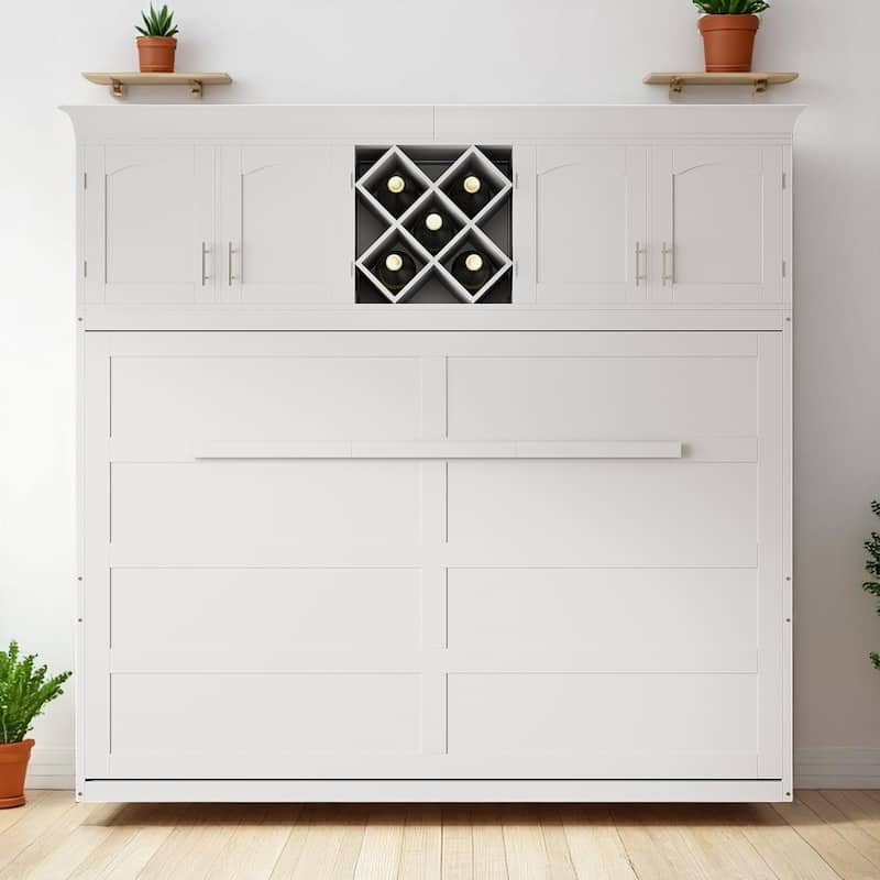 Queen Murphy Bed with Upper Cabinets and Wine Rack, Space-Saving Foldable Wall Bed with Slats