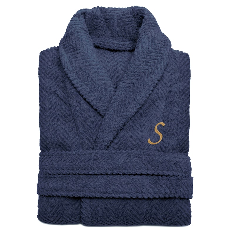 Authentic Hotel and Spa Midnight Blue with Gold Monogrammed Herringbone Weave Turkish Cotton Unisex Bath Robe - S/M - S