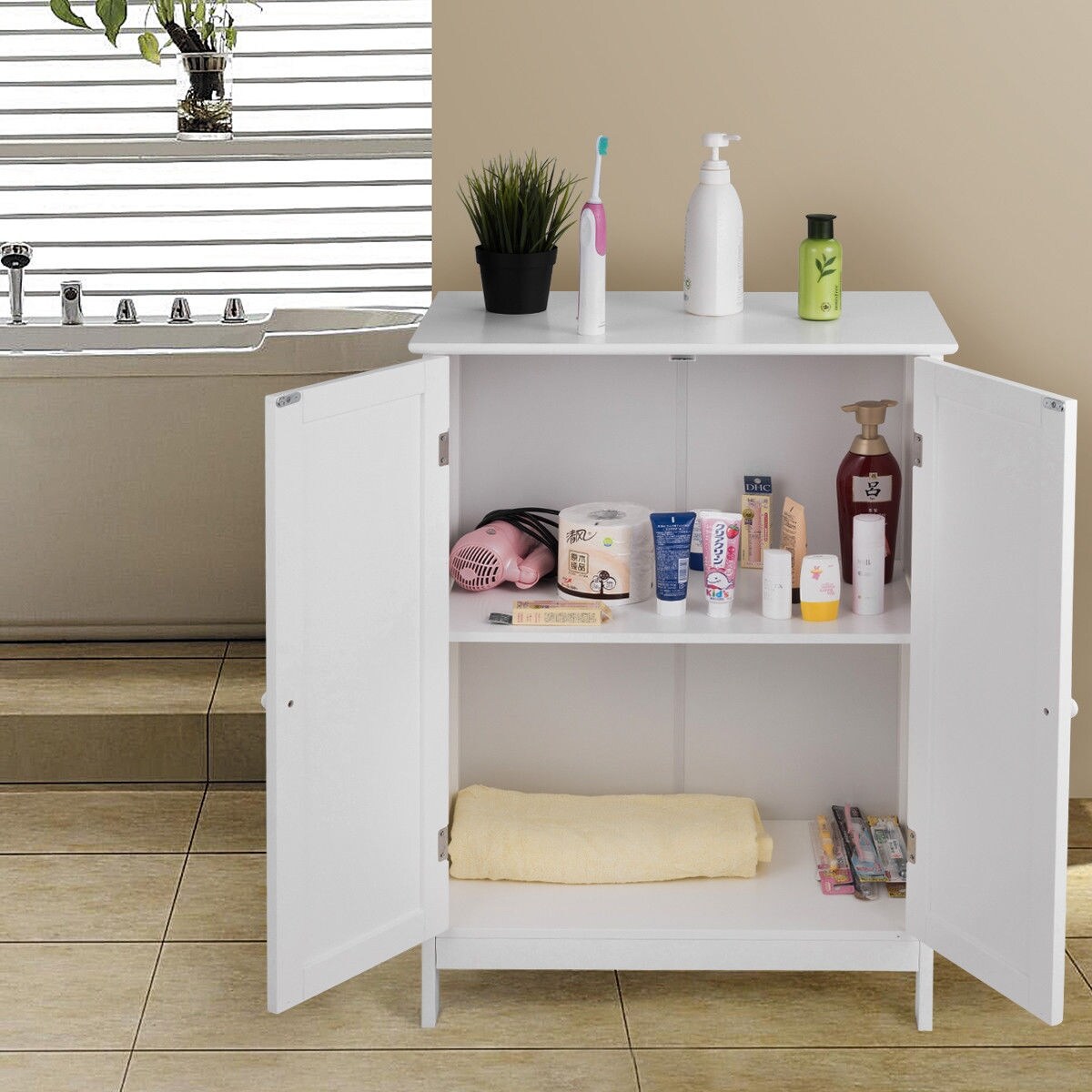 Shop Gymax Bathroom Floor Storage Cabinet Double Door Kitchen