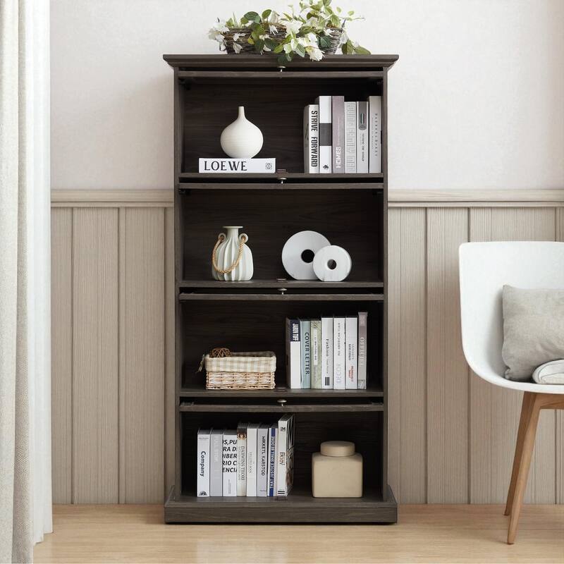 4-Tier Glass Display Cabinet with Flip-Up Doors, Curio Storage Showcase and Bookcase Organizer