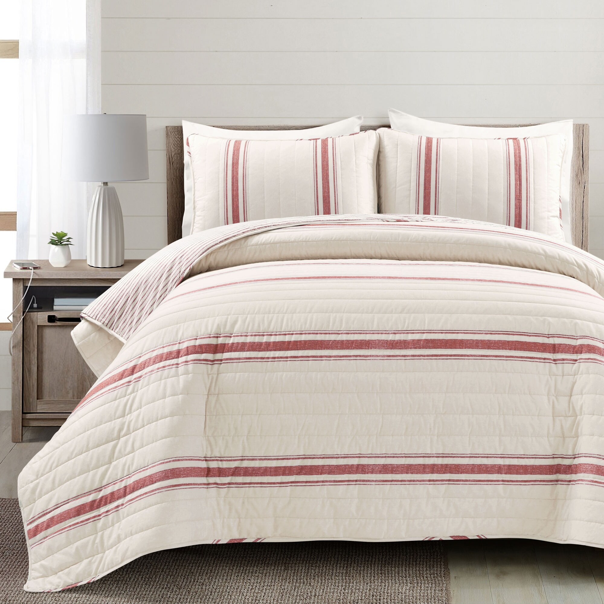 Lush Decor Comforter Farmhouse Stripe 3 Piece Reversible Bedding Set Full Queen Red