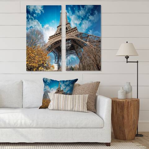 Designart 'Paris Paris Eiffel Towerand Blue Paris Sky View' Cityscape Canvas Wall Art Print 2 Piece Set