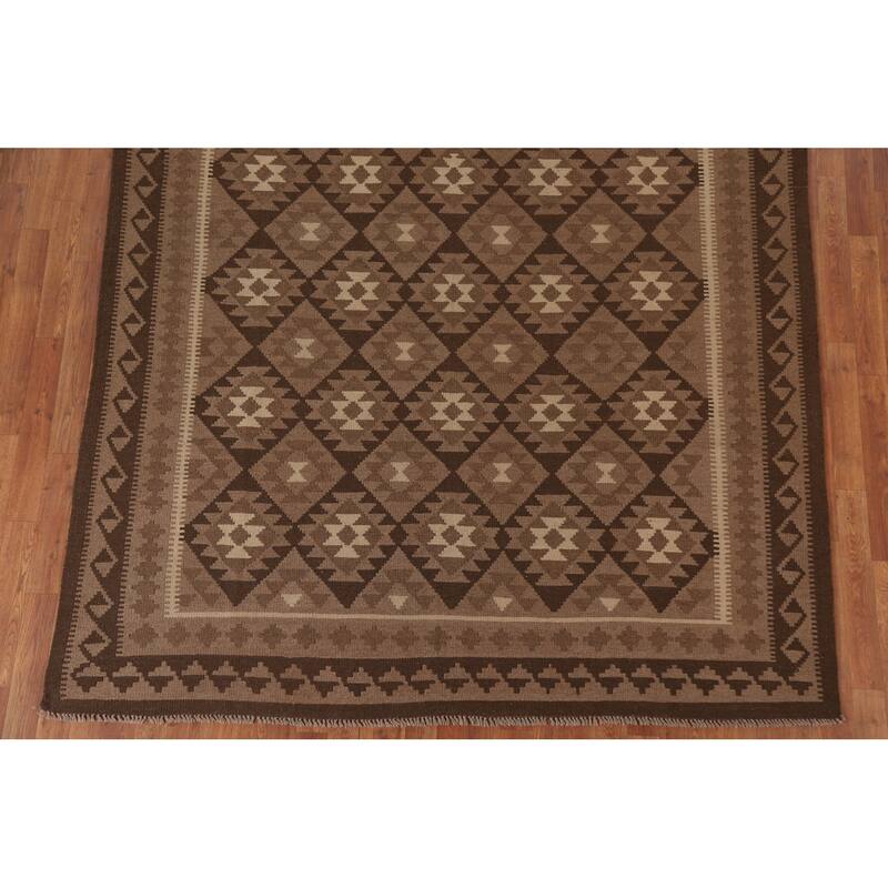 Hand Woven Oriental 100% Wool Carpet Southwestern Geometric Brown Kilim Area Rug - 9' 9'' X 6' 10''