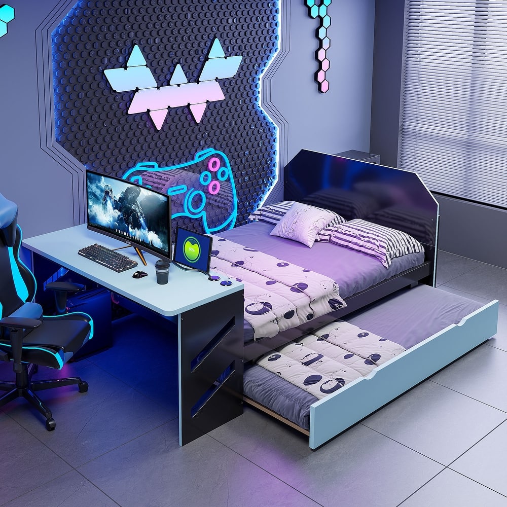 Esports & Work Daybed Full Size Platform Bed for Teens with Twin Size Trundle, Built-in Desk, USB Ports and Cable Management