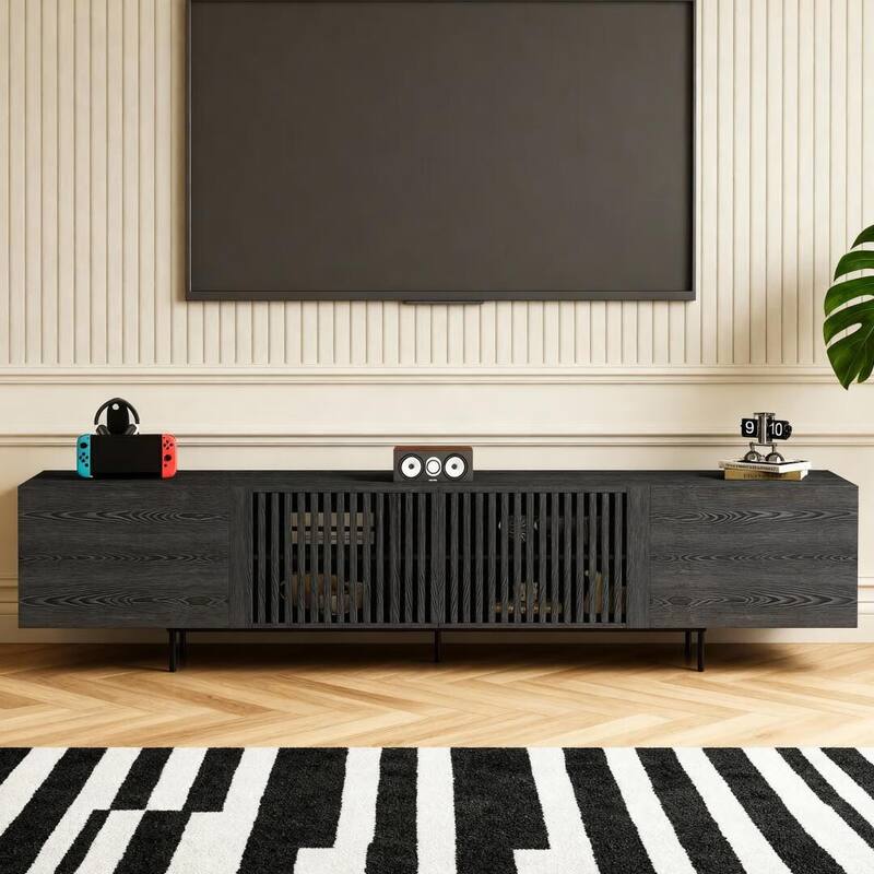 Stylish mid-century modern TV stand for up to 80" TVs. Ample storage for media devices, cable management. easy assembly.