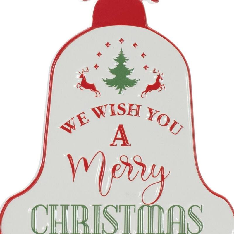 HomeRoots 10" X 8" White Red And Green Metal Christmas Bell Hanging Wall Decor