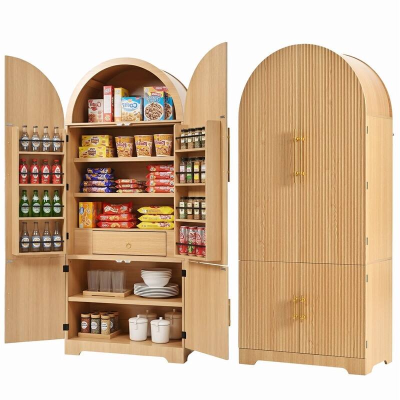 Arched 72" Tall Kitchen Pantry Cabinet with 8 Door Shelves and 3 Adjustable Shelves for Kitchen Storage Solutions