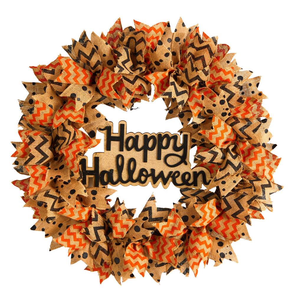 Burlap Ribbon "Happy Halloween" Artificial Wreath, 30-Inch, Unlit