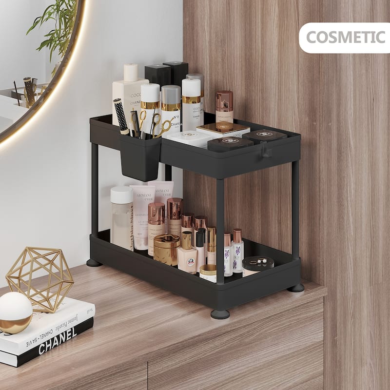 Empyrean 2 Tier Non-Slip Grip Kitchen Under Sink Organizer - Bathroom Cabinet Organizer with Utility Hooks and Side Caddy
