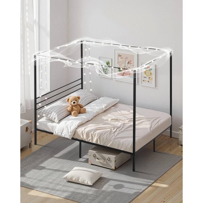 Modern Black Metal Canopy Bed Frame with 12.4 Inch Storage Clearance and Strong Weight Support