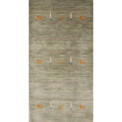 Hand Knotted Oriental 100% Wool Carpet Tribal Animal Pictorial Green Gabbeh Area Rug - 4' 0'' X 2' 0''