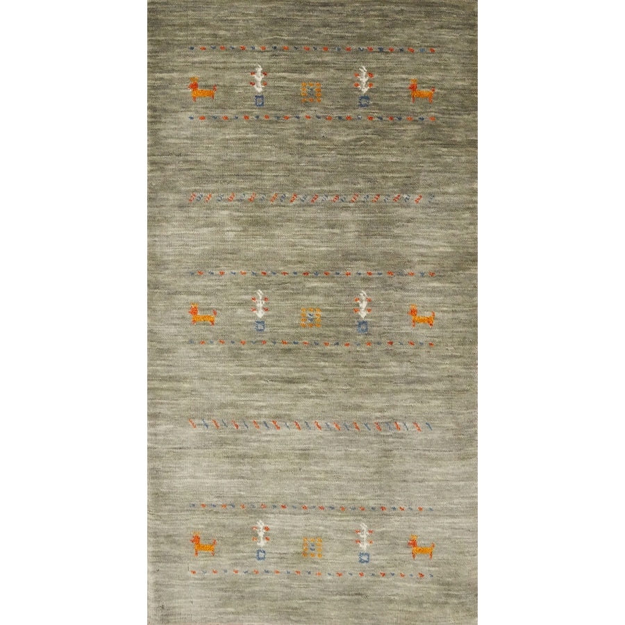 Hand Knotted Oriental 100% Wool Carpet Tribal Animal Pictorial Green Gabbeh Area Rug - 4' 0'' X 2' 0''