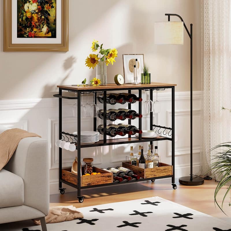 Costway 3 Tiers Bar Cart Home Serving Cart on Wheels with Glass Racks - See Details