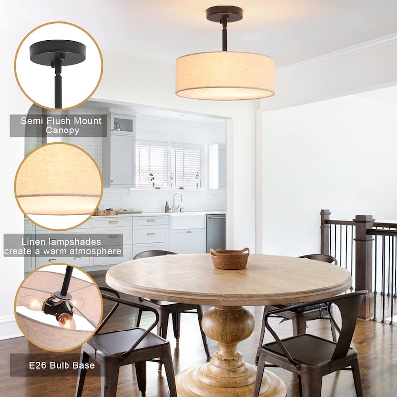 3-Light Classic Hanging Semi Flush Mount Ceiling Light Fixture with Rattan Cover for Kitchen Island - Black