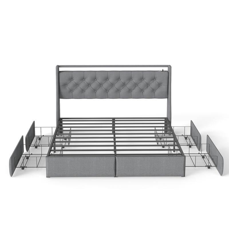 Queen Metal Platform Bed Frame - Grey, Storage Headboard with RGB LED & Charging Station