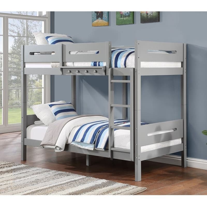 Wooden Twin over Twin Bunk Bed with Ladder in Gray Finish