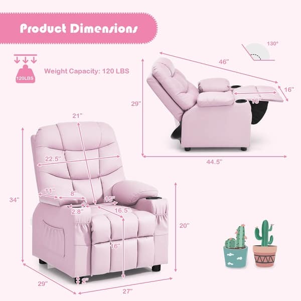 dimension image slide 4 of 5, Costway Kids Youth Recliner Chair PU Leather w/Cup Holders & Side