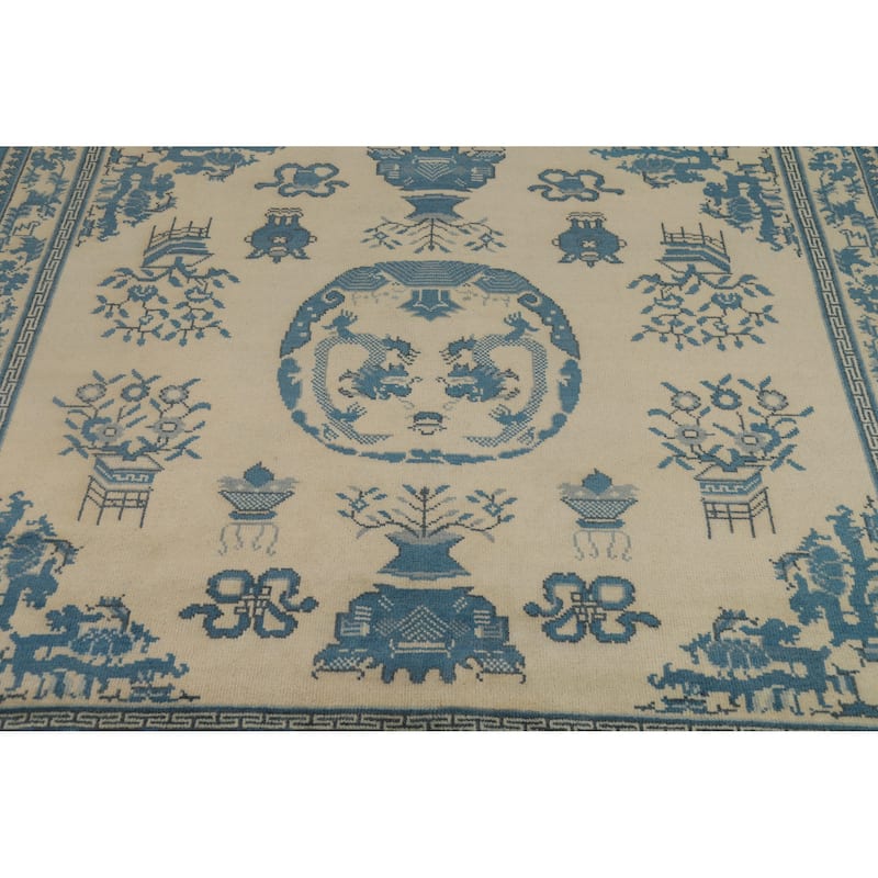 Hand Knotted Oriental 100% Wool Carpet Traditional Geometric Beige & Ivories Art Deco Area Rug - 7' 11'' X 8' 1''