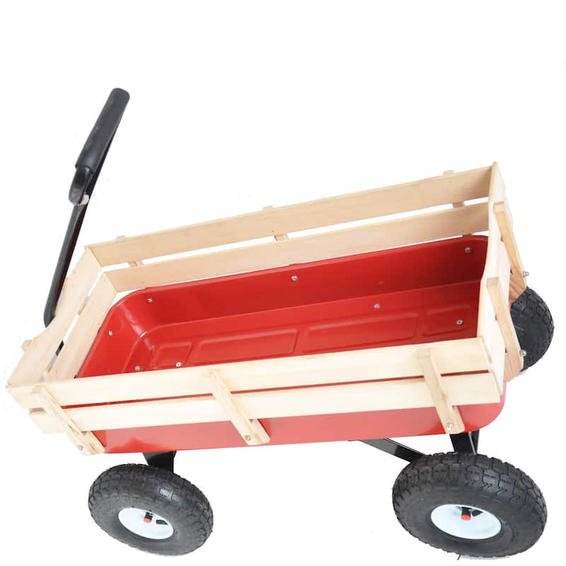 Outdoor Wagon, Wood Railing Garden Cart with 10" Pneumatic Tires