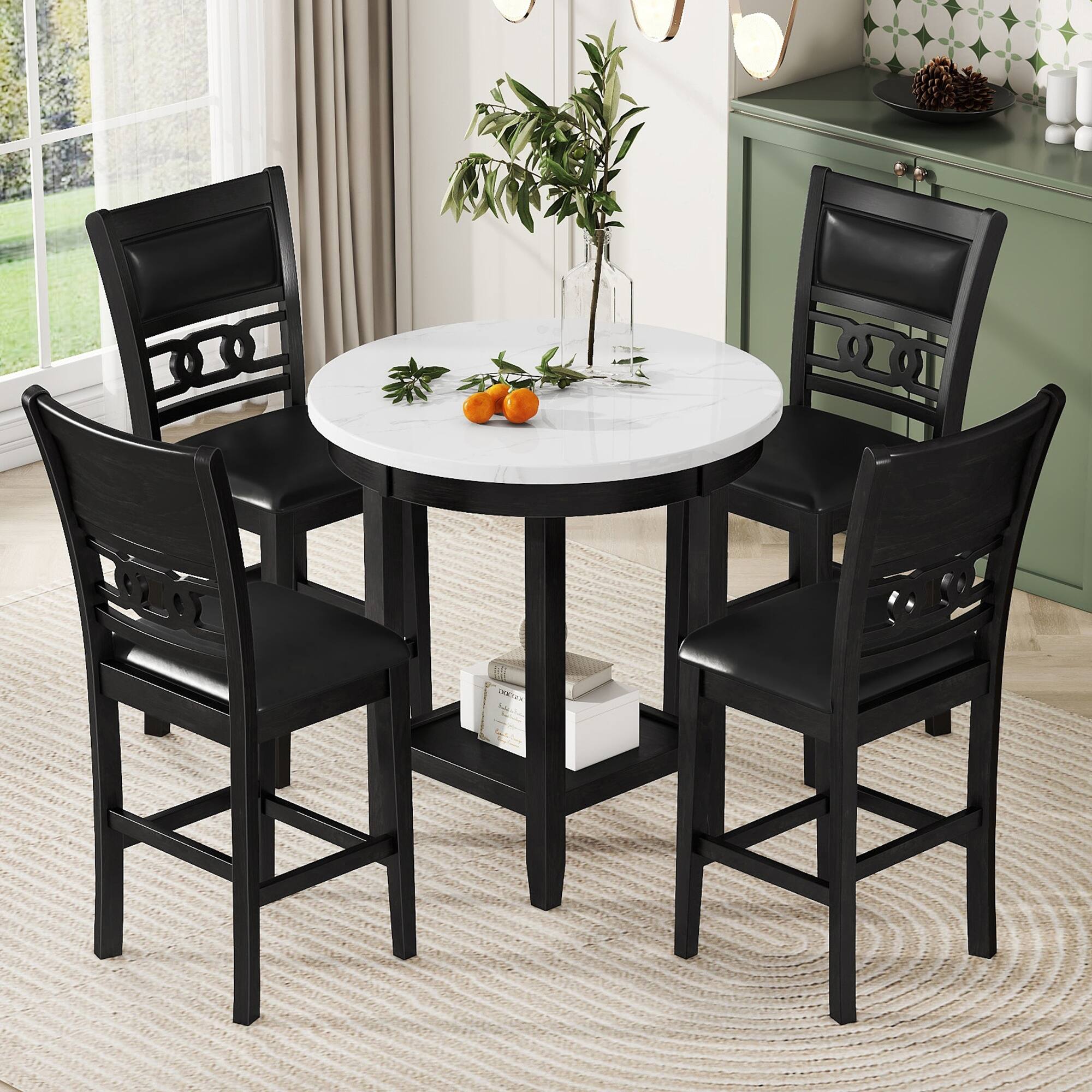 5Piece Counter Height Dining Faux Marble Round Table Set with Four
