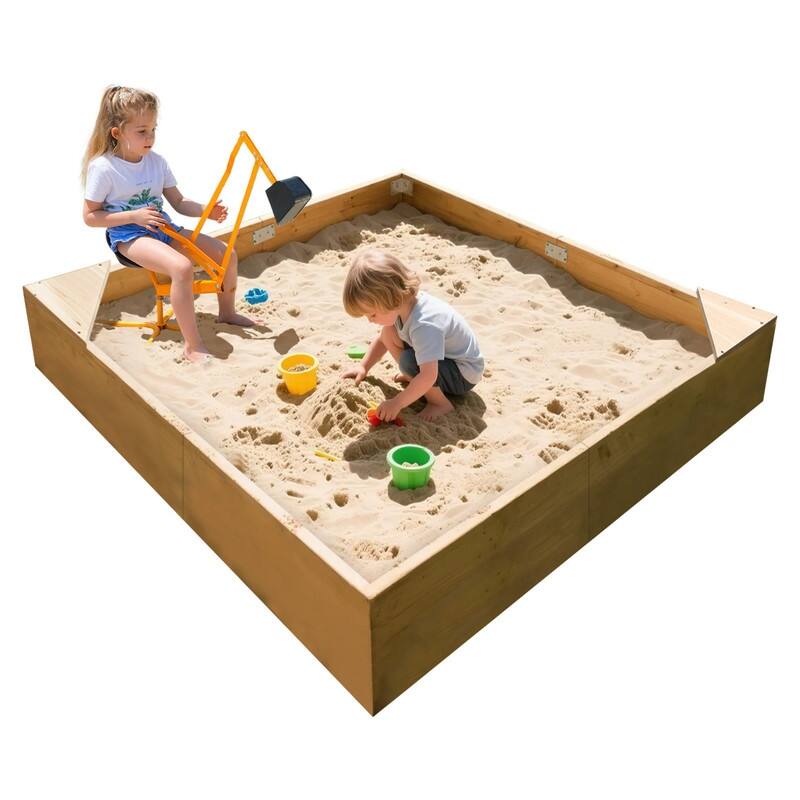 Kids Sand Box, 2 in 1 Outdoor Wood Sandbox with Cove, Two Corner Seats