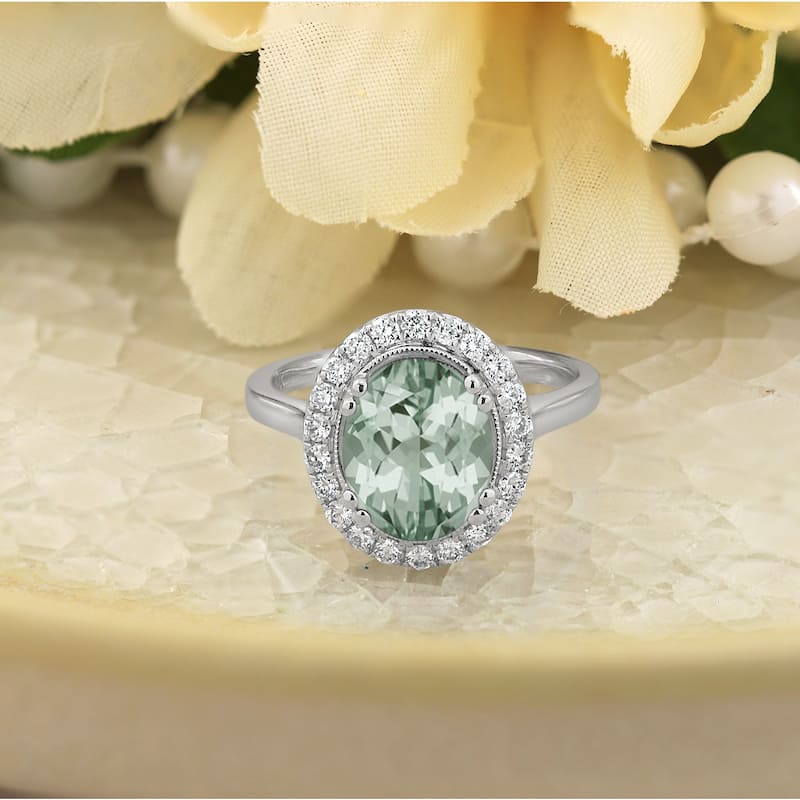 Auriya Vintage 1 5/8ct Oval Green Amethyst and Halo Diamond Engagement Ring 1/3ctw 14k Gold