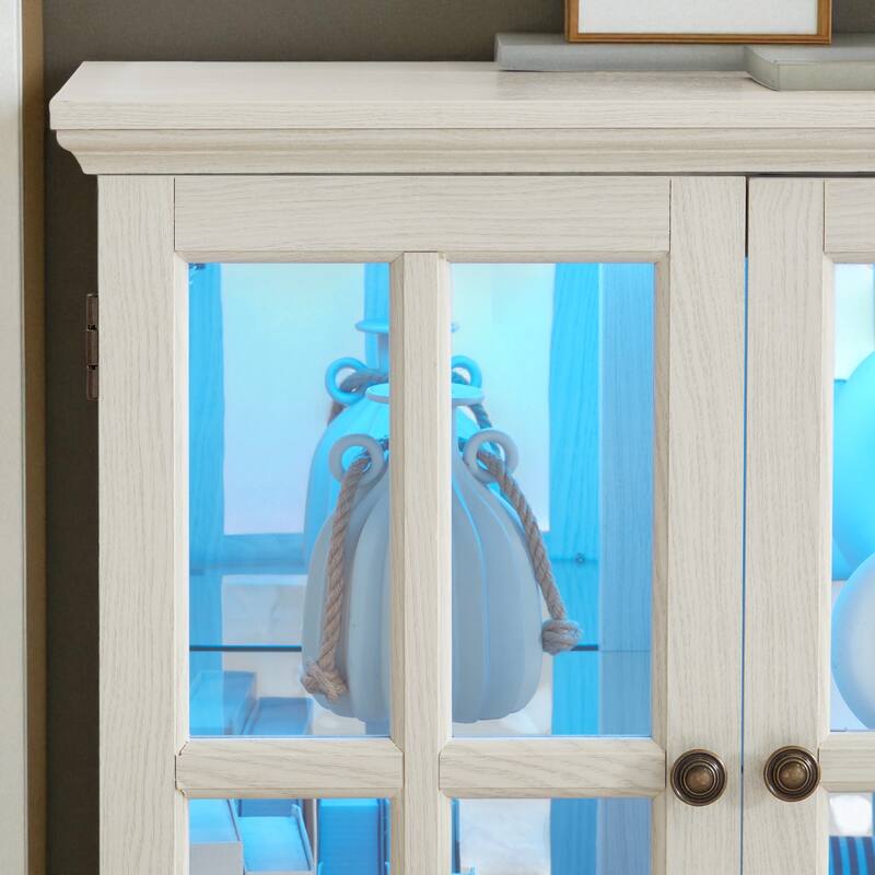 LED Antique Curio Display Cabinet with Glass Doors, Adjustable Shelves and Vintage 4-Door Design