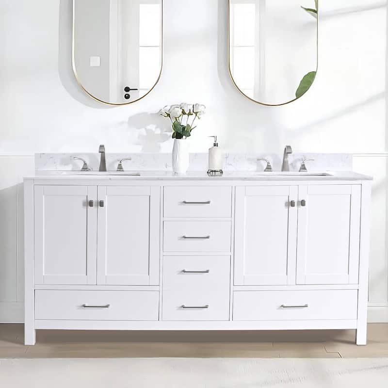 Prismatica 72 in. White Vanity with Countertop & Splash, Double Sinks - Cultured Marble Top