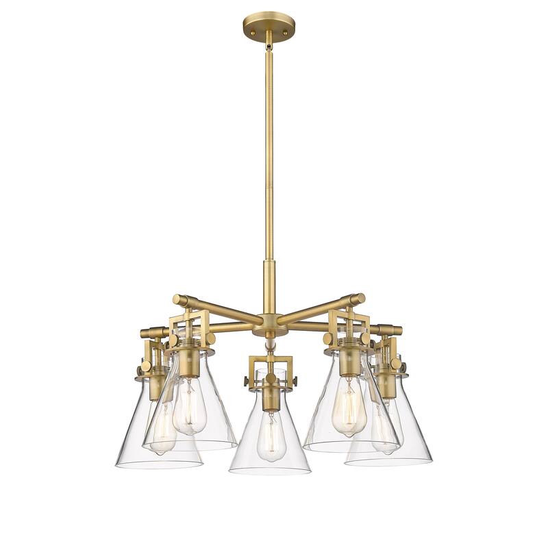 Innovations Lighting Newton Cone - 5 Light 7" Stem Hung Chandelier - Clear/Brushed Brass