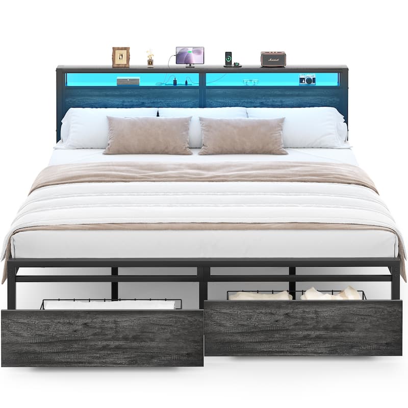 Platform Bed with Storage Headboard, Bed Frame with Charge Station and LED Light