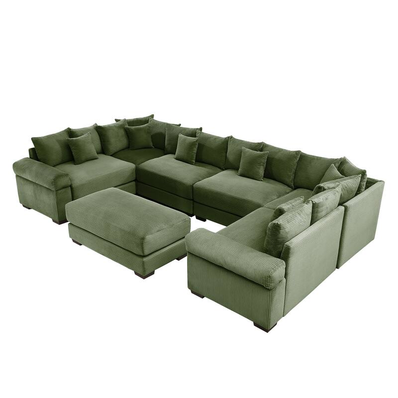 GDFStudio - Corduroy U-Shaped 6-Seater 137.7" Cloud Modular Sectional Couch with Ottoman