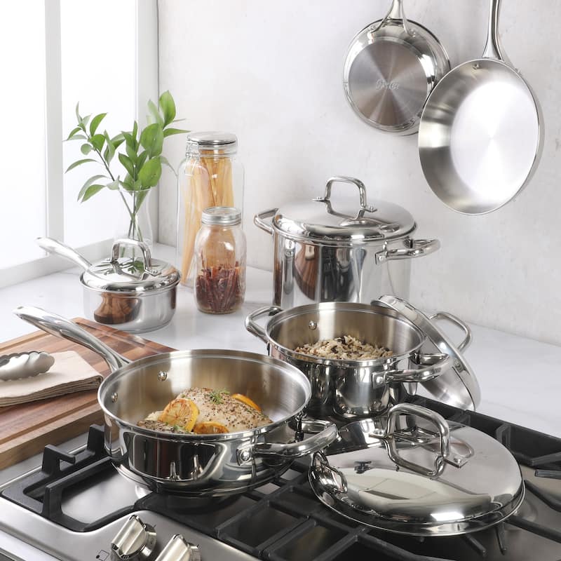 Oster Platinum Sedwick Stackable Stainless Steel Cookware Set W/ Domed Stainless Steel Lids W/ TriPly Encapsulated Base