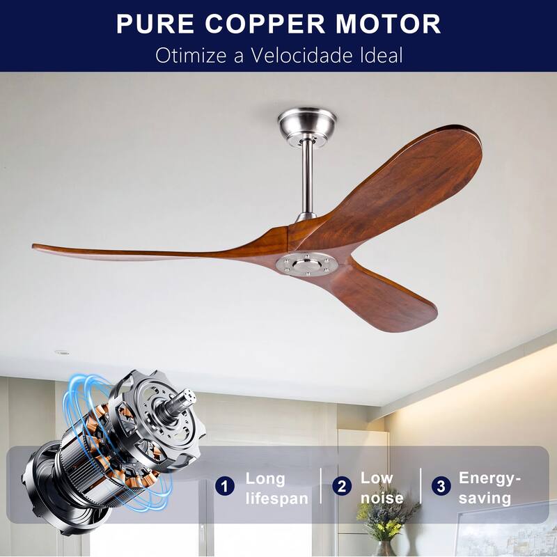 52" Solid Wood Ceiling Fan, Outdoor, 3 Blade, No Light, for Patio Living Room Bedroom Porch, Remote Control, Water Resistant