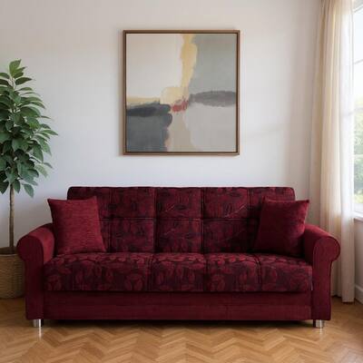 HomeRoots 89" Burgundy Chenille Convertible Futon Sleeper Sofa And Toss Pillows With Storage
