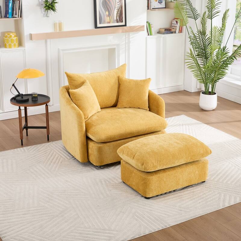46" Chenille Upholstered Oversized Swivel Armchair With Ottoman