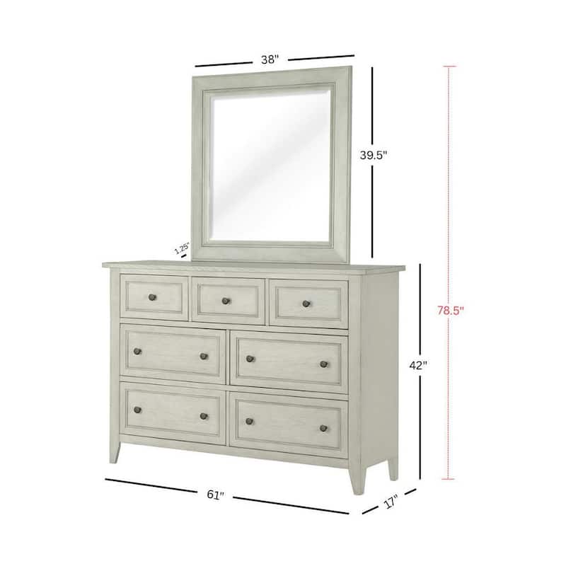 Magnussen Home Raelynn Weathered White Drawer Dresser With Portrait Concave Framed Mirror